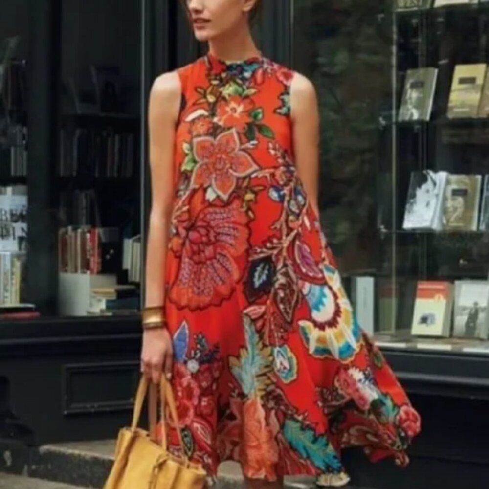 Maeve Size M Orange Chiffon Floral A-Line Dress Vintage Style Keyhole Pullover